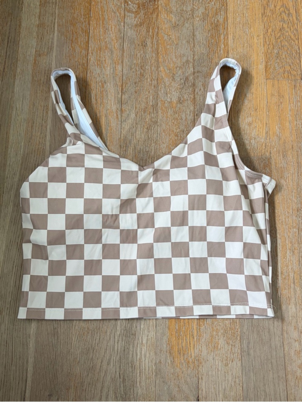 Pink Lily Cream & Tan Checkerboard Longline Sports Bra Crop Top Size Small